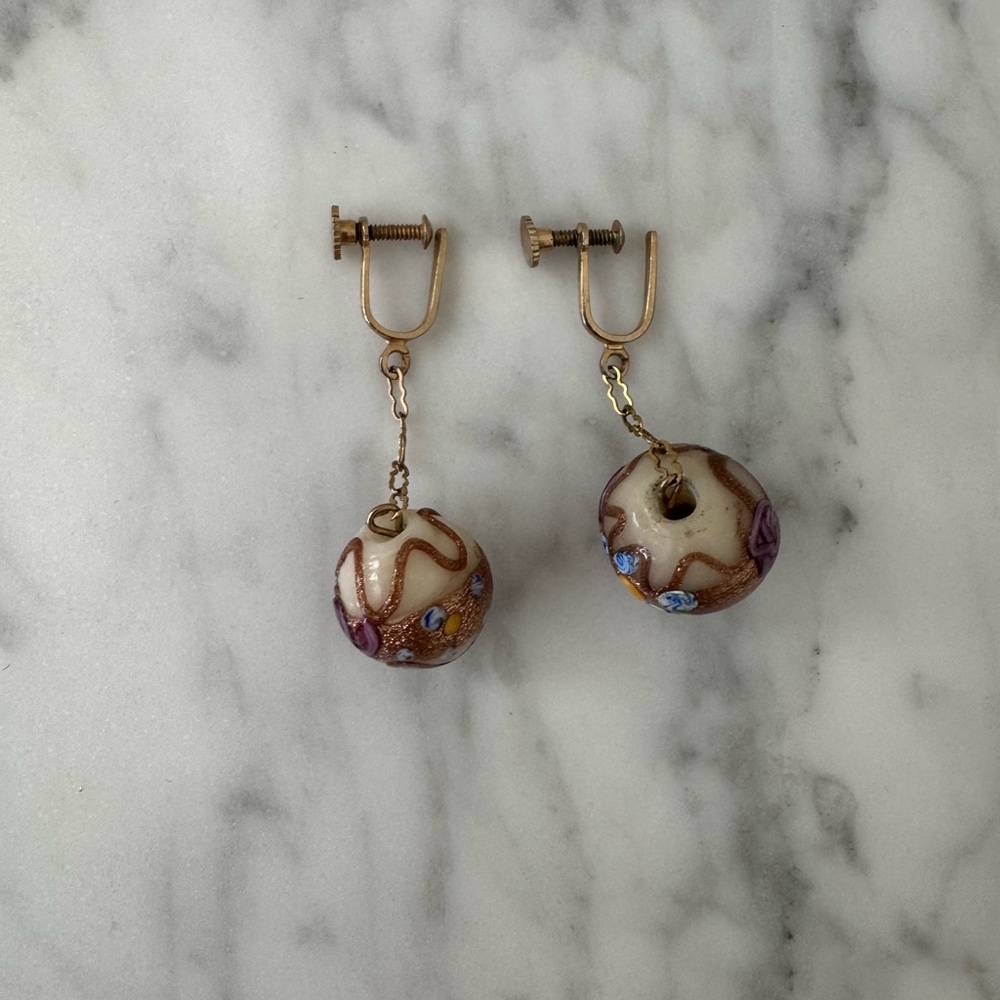 Vintage Glass Bead Faux Gold Multicolor Dangle Screw-Back Costume Earrings